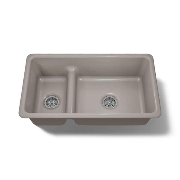 Iron/Tones Smart Divide 33 in. Undermount Double Bowl Cast Iron Kitchen Sink in Truffle