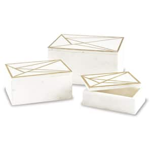 Ackley White/Brass 9 in. x 4.5 in. Marble Decorative Box (Set of 3)