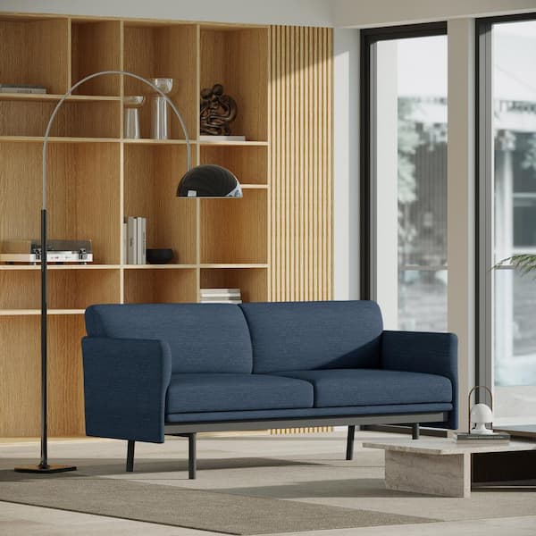 Noble House Sydmor 74.5 in Armless Fabric Rectangle 3-Seat Sofa in. Navy Blue and Black