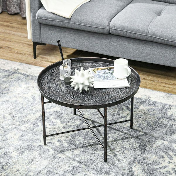 Pewter Metal Round Coffee Table with Hammered Tray Top, Vintage