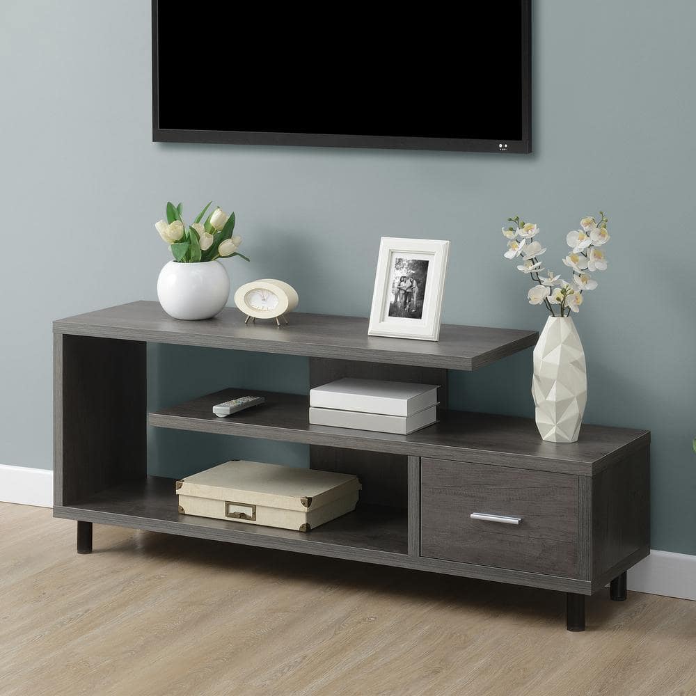 Modern Charcoal Gray 59" TV Stand with Open Shelves and Cabinet