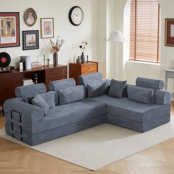 Rex Modern 106.3 in. Round Arm 2-Piece Terrycloth Corduroy Modular Compressed Sectional Sofa in. Dark Gray with Pillows