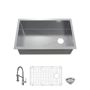 All-in-One Zero Radius Undermount 16G Stainless Steel 27 in. Single Bowl Kitchen Sink, Offset Drain, Spring Neck Faucet