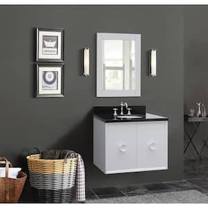 Stora 31 in. W x 22 in. D Wall Mount Bath Vanity in White with Granite Vanity Top in Black with White Oval Basin