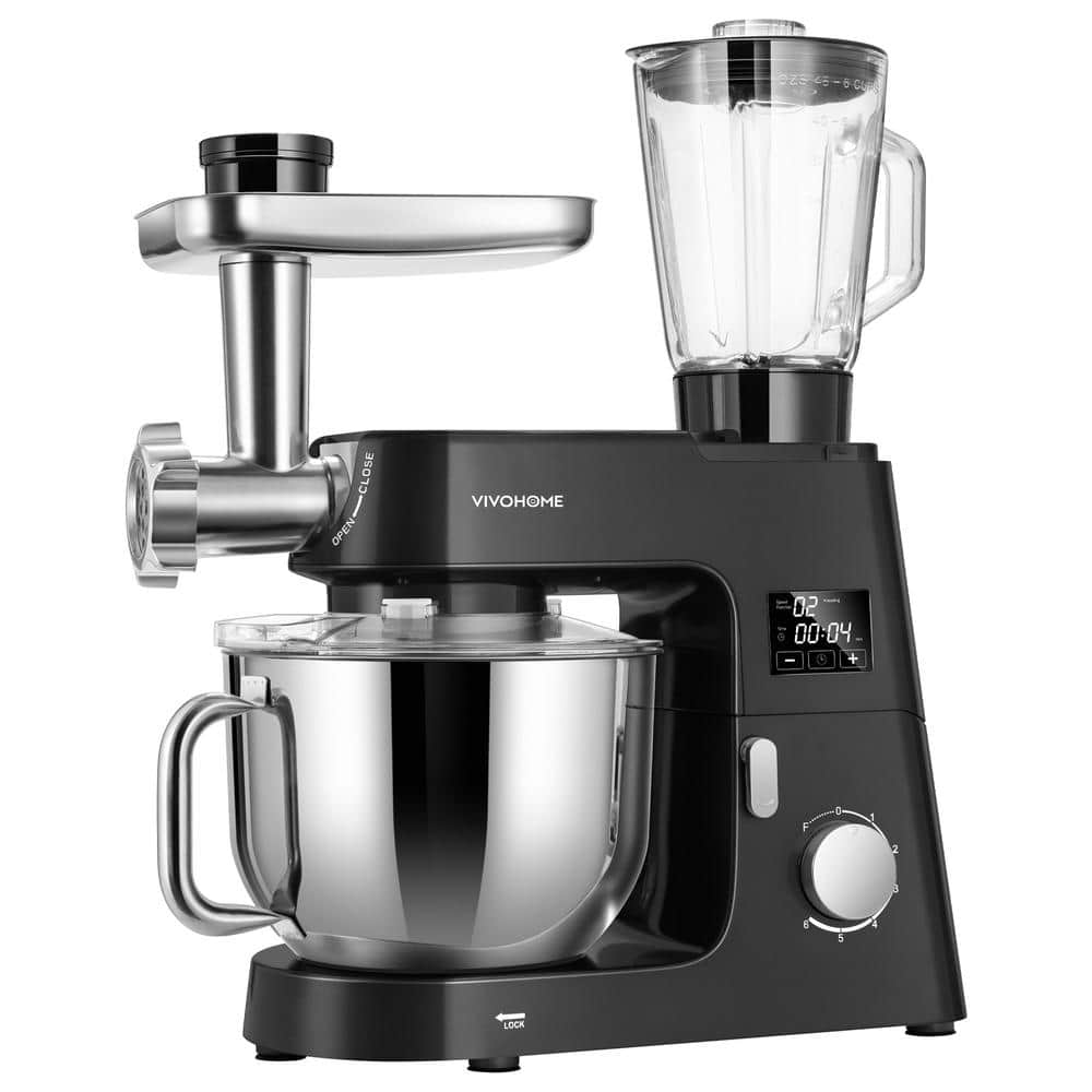 7.5 qt. 6-Speed Black 9 in 1 Stainless Steel Multifunctional Stand Mixer with Fermentation and Timer