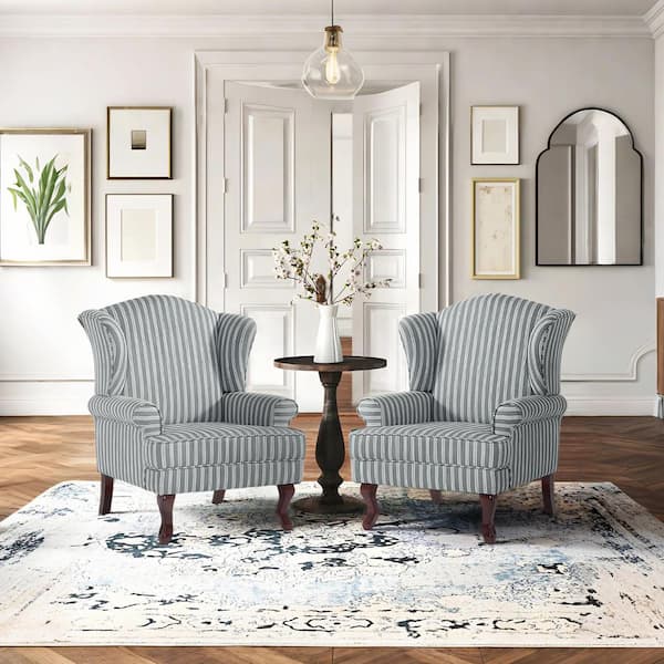Stripe Gray Linen Wood Legs Upholstered Accent Arm Chair with Wingback (Set of 2)