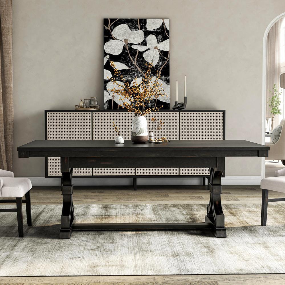 Black Solid Wood Farmhouse Rectangular Dining Table, 79"