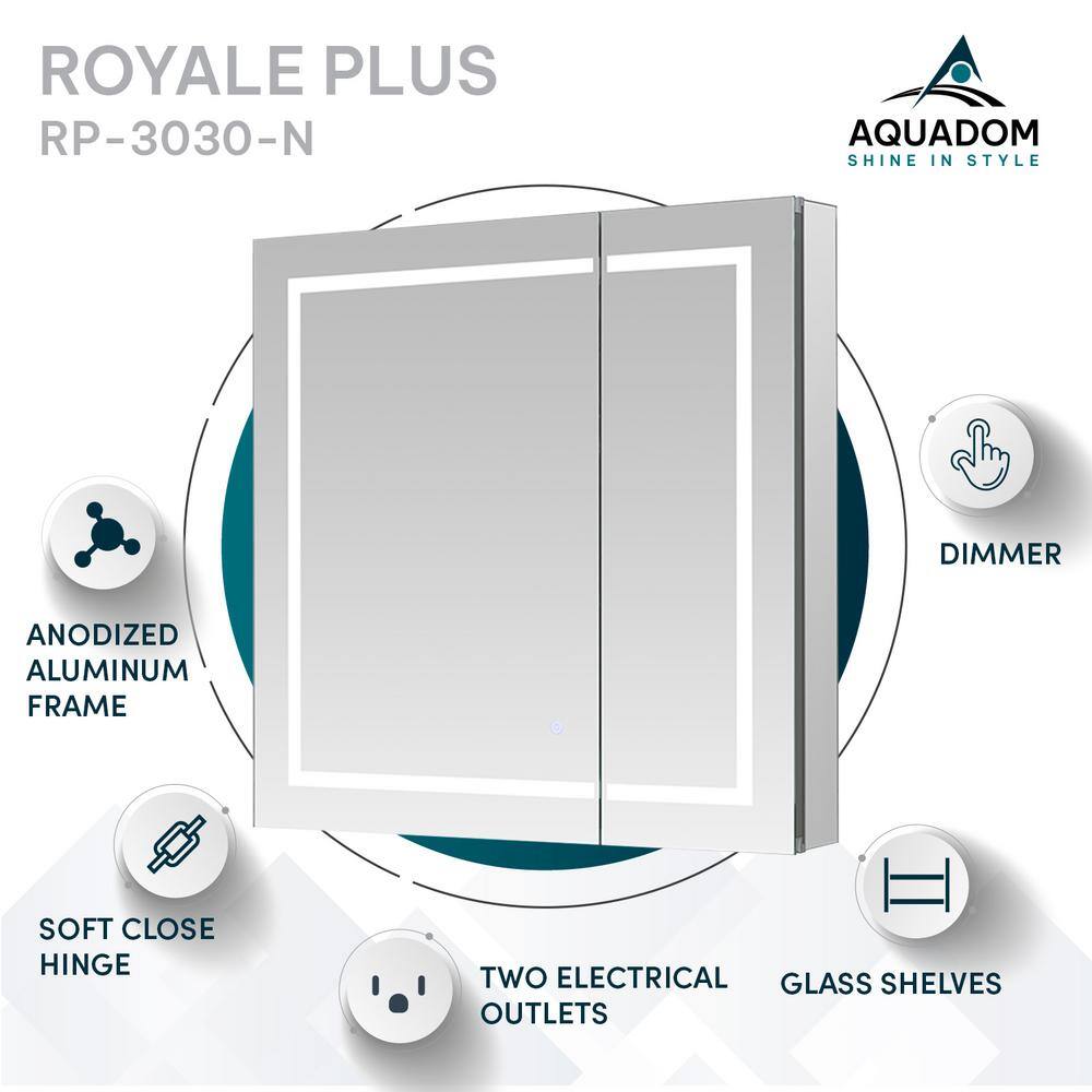 30'' Square Modern Mirrored LED Medicine Cabinet with Interior Outlet