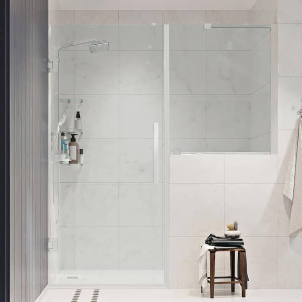 Tampa-Pro 49 1/8 in. W x in. H Pivot Frameless Shower Door in Chrome with Buttress Panel and Shelves