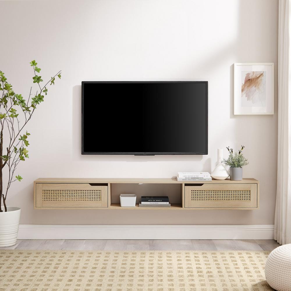70 in. W x 9 in. D Brown MDF Decorative Wall Shelf Rattan-Door Floating TV 
