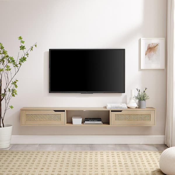 70 in. W x 9 in. D Brown MDF Decorative Wall Shelf Rattan-Door Floating TV Cabinet Wall Mounted TV Stand with Storage