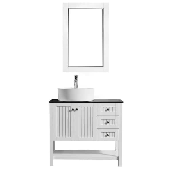 ROSWELL Modena 36 in. W x 18 in. D Vanity in White with Glass Vanity Top in Black with White Basin and Mirror