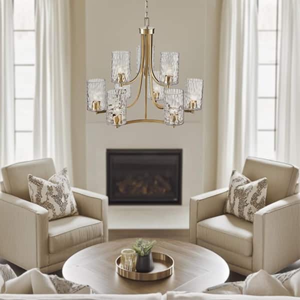 9-Light Antique Brass Crystal Empire Geometric Chandelier for Dining Room with No Bulbs Included