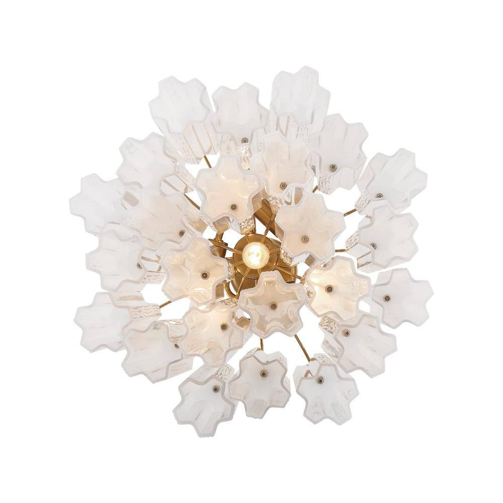 Aged Brass and White Glass 4-Light Chandelier
