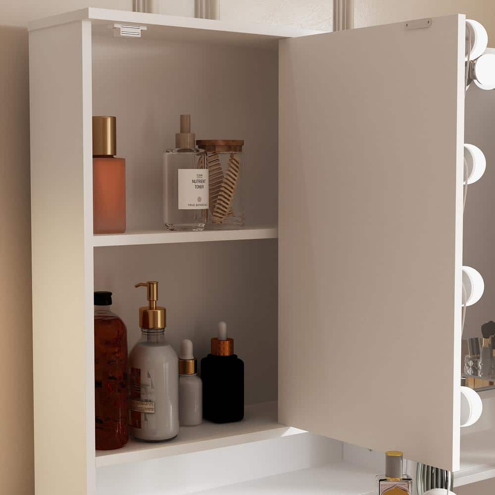White Makeup Vanity Desk 9-Drawers Wood Dressing Table With 3 Mirrors, Glass Top, Hidden Storage Shelves, LED Bulb Light - thumbnail 8