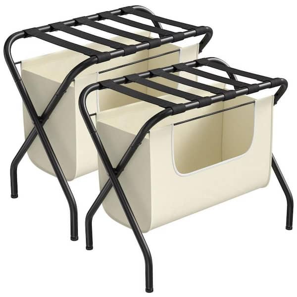 Numhew 2-Pack Black Folding Luggage Rack with Laundry Bag and Heavy Duty Nylon Belts for Bedroom and Hotel