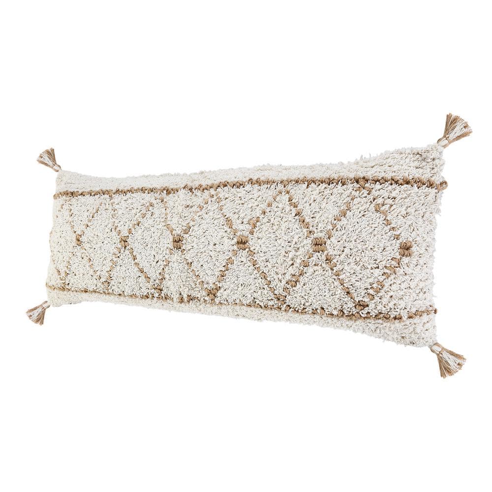 Ivory and Tan Boho-Chic Diamond Jute and Cotton Lumbar Throw Pillow