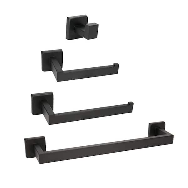 Langsun 4-Piece Bath Hardware Set with Towel Bar Toilet Paper Holder Double Towel Hook in Stainless Steel Matte Black