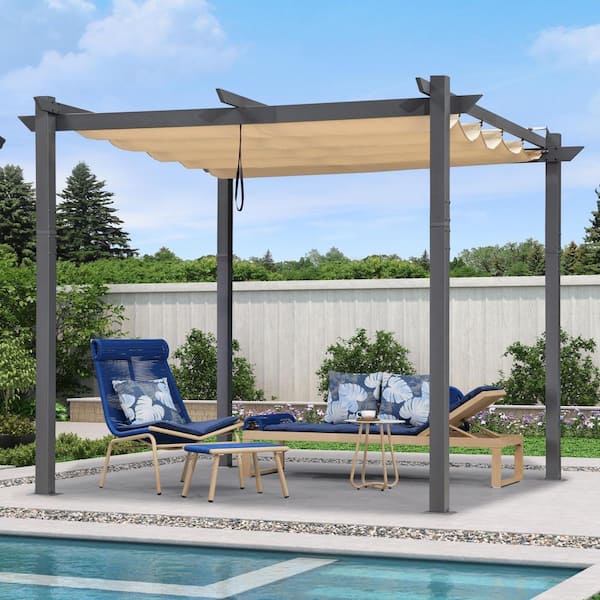 PURPLE LEAF 10 ft. x 10 ft. Gray Aluminum Frame Outdoor Pergola Gazebo with Beige Retractable Sun Shade Canopy and Extra Top Roof
