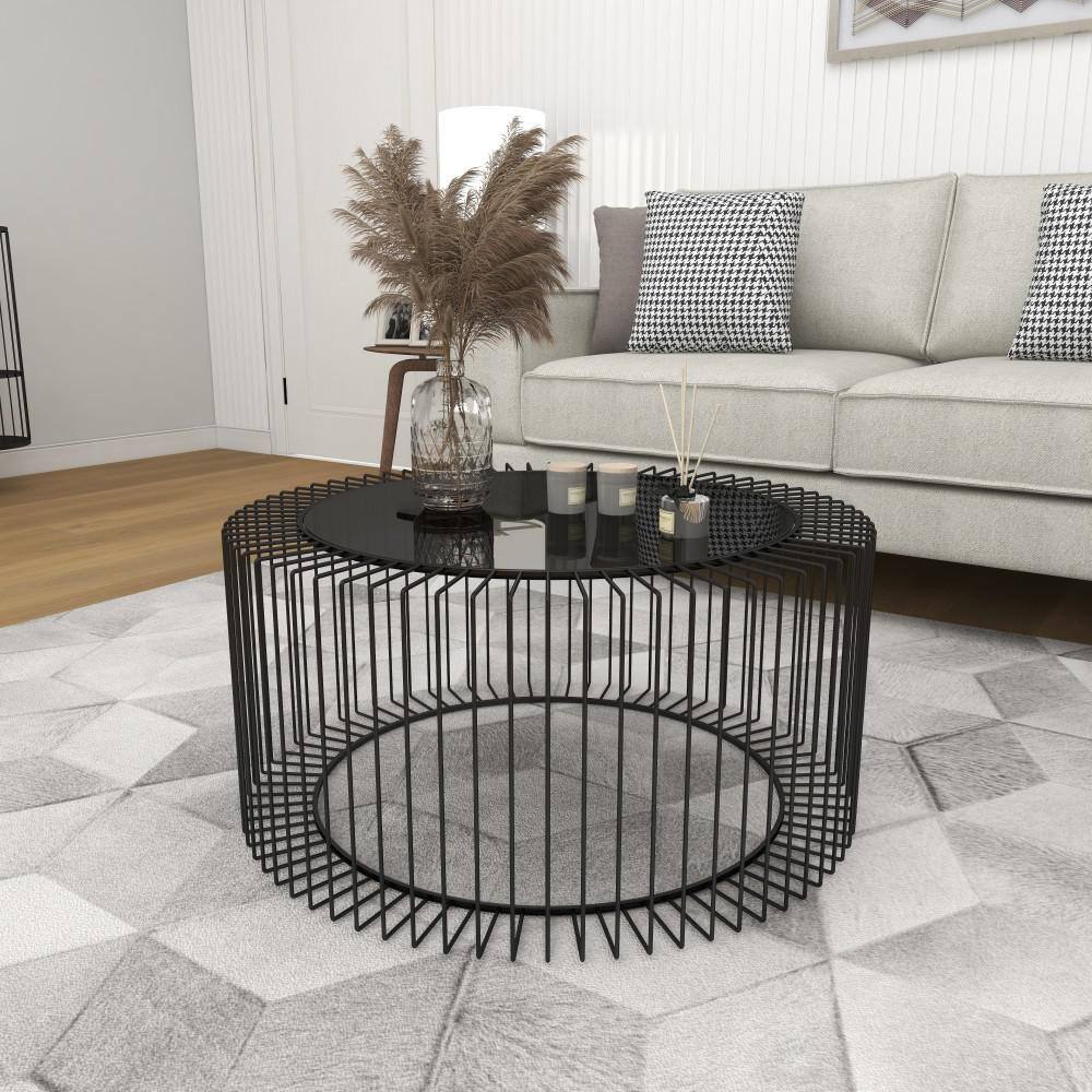 Modern Black Open Wire Frame 32" Round Glass Coffee Table