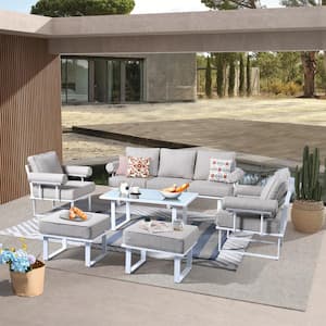 Teton Grand White 6-Piece Aluminum Outdoor Patio Conversation Sofa Set with Beige Cushions