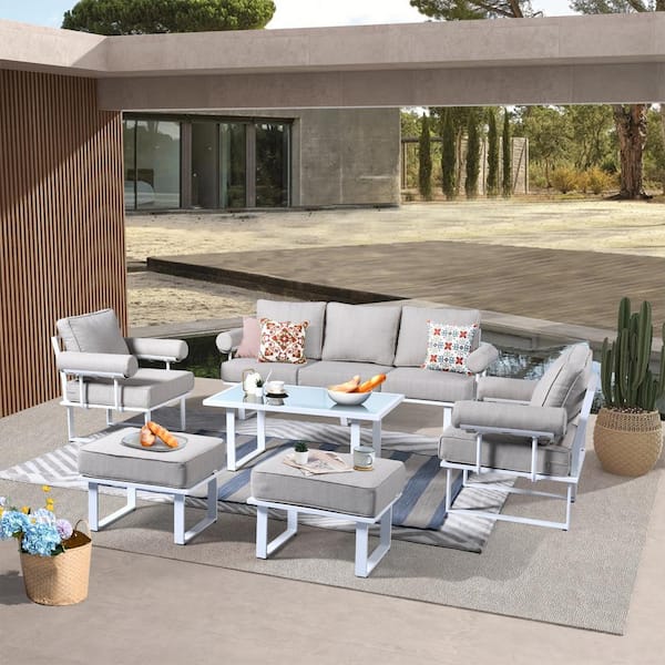 HOOOWOOO Teton Grand White 6-Piece Aluminum Outdoor Patio Conversation Sofa Set with Beige Cushions