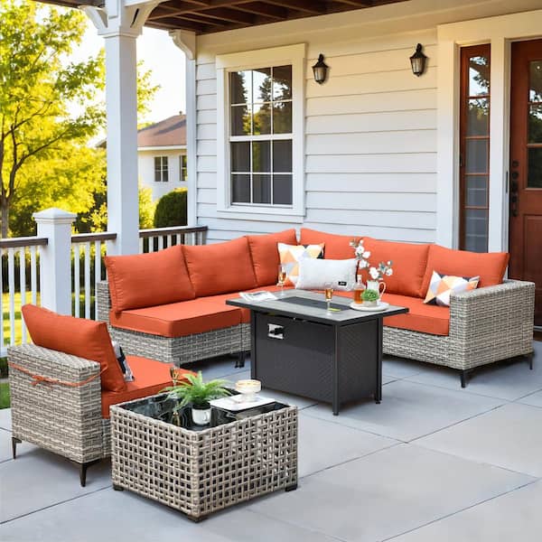 HOOOWOOO Holston 8-Piece Wicker Modern Outdoor Patio Conversation Sofa Sectional Set with a Fire Pit and Orange Red Cushions