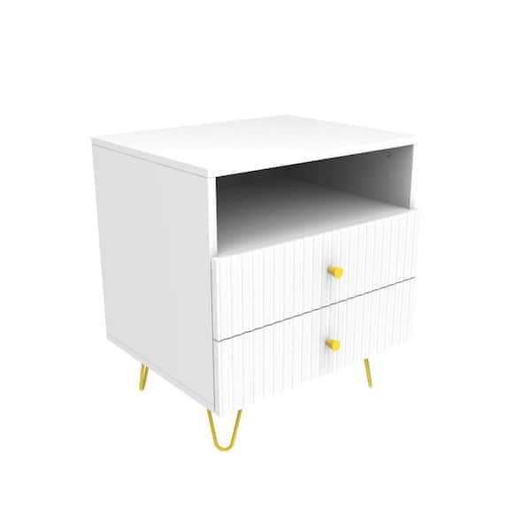 FUFU&GAGA White Wooden Nightstand, End Table with 2 Drawers and Open Shelf, 19.7 L x 15.7 in. W x 21.7 in. H