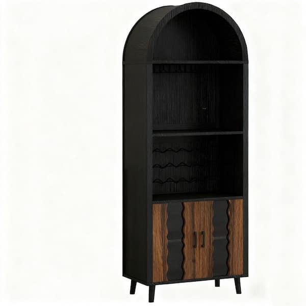 25.59 in W x 16.1 in D x 71 in H Farmhouse Arched Bar Cabinet in Black, Arched Display Cabinet w/ Wine Glass Holder