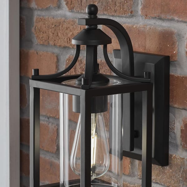 Boswell Quarter 12.12 in. 1-Light Matte Black Hardwired Outdoor Wall Light Lantern Sconce with Clear Glass Shade