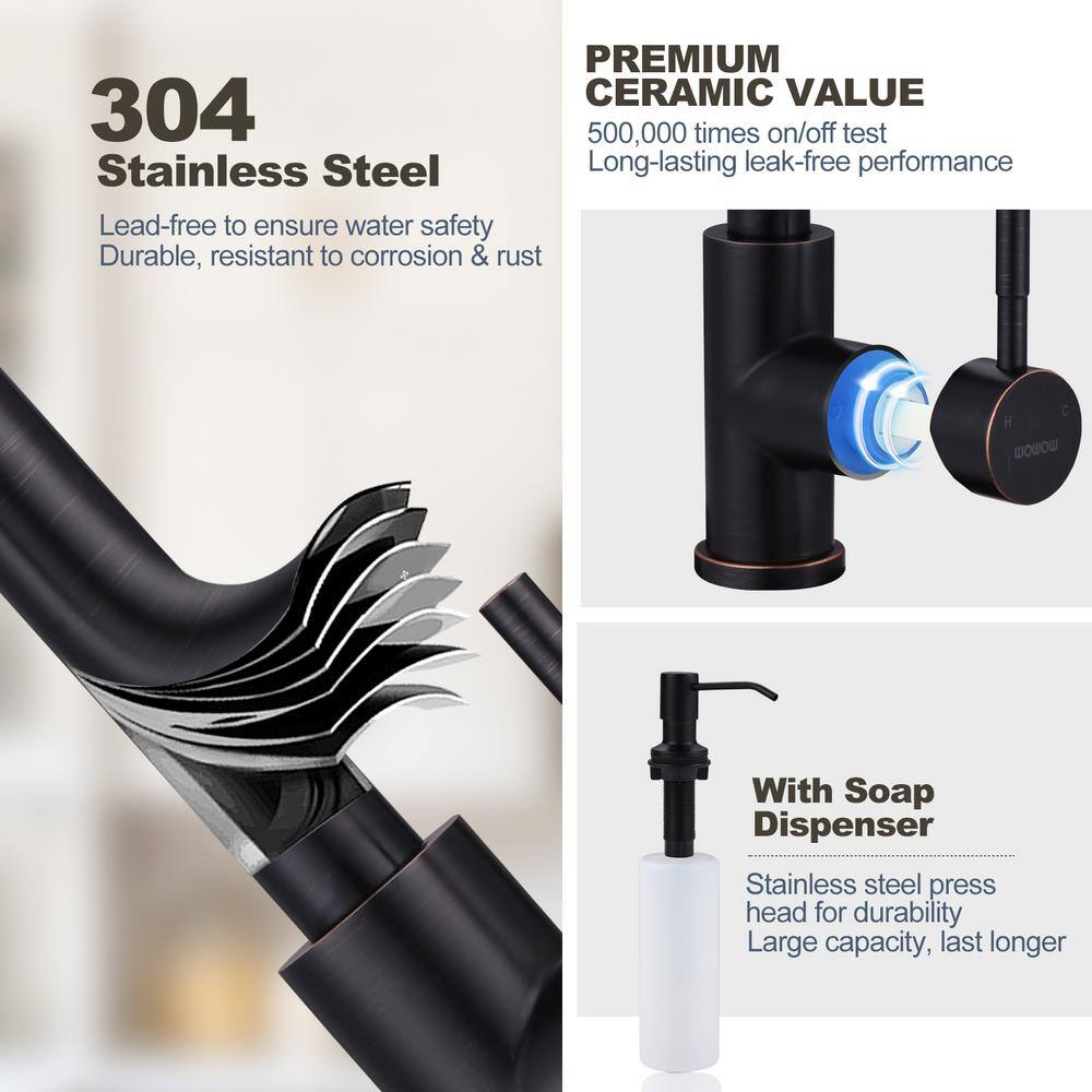Oil-Rubbed Bronze High Arc Kitchen Faucet with Pull-out Spray and Soap Dispenser
