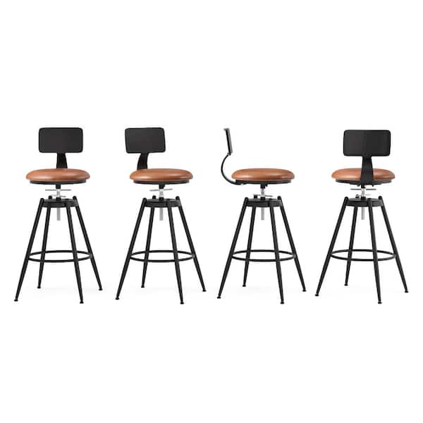 26to 38Leonardo Adjustable Height Caramel Brown Leather Fabric Cushion Metal Black Leg Swivel Bar Stool Chair(4-Pack)
