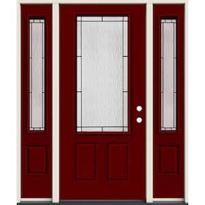 36 in. x 80 in. Left-Hand/Inswing 3/4 Lite Wendover Decorative Glass Mesa Red Steel Prehung Front Door with Sidelites