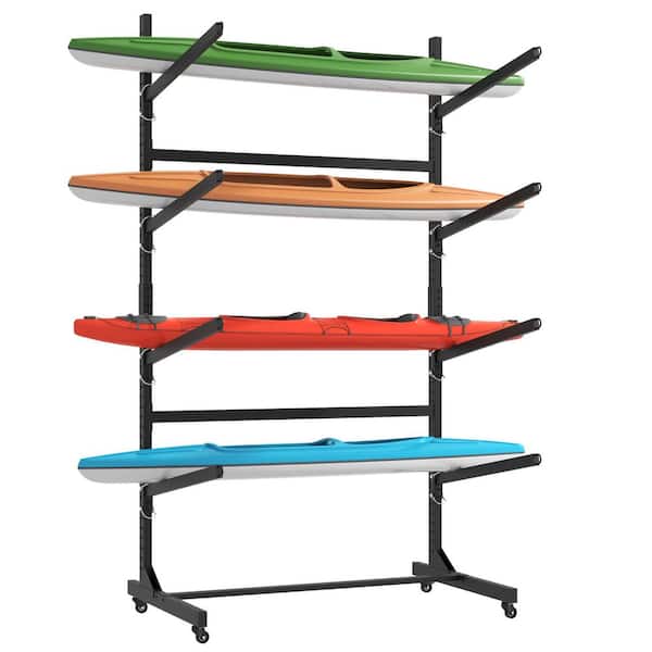 Black 80 in. H Heavy-Duty Steel Adjustable Height Freestanding Storage Rack with Lockable Wheels, Holds 4 Kayaks