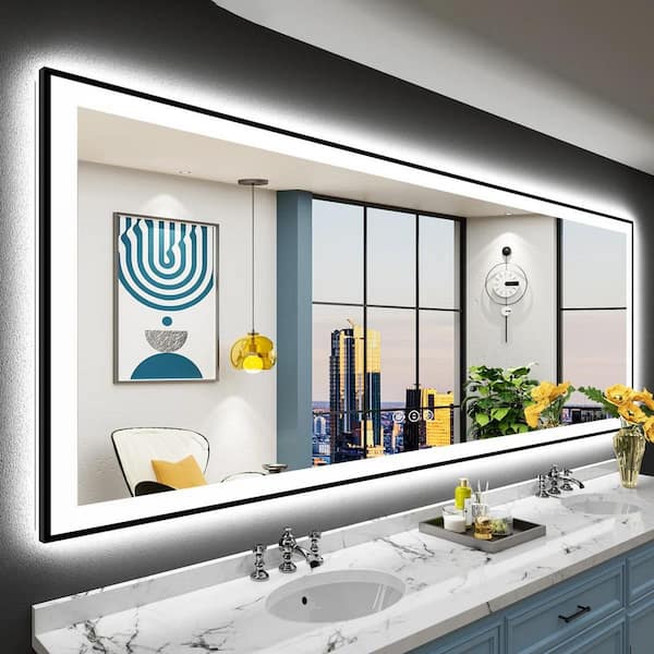 88 in. W x 38 in. H Rectangular Framed Front and Back LED Lighted Anti-Fog Wall Bathroom Vanity Mirror in Tempered Glass