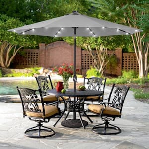 9 ft. Market Solar Lighted LED and Tilt Button Outdoor Table Patio Umbrella, UV-Resistant Canopy in Grey