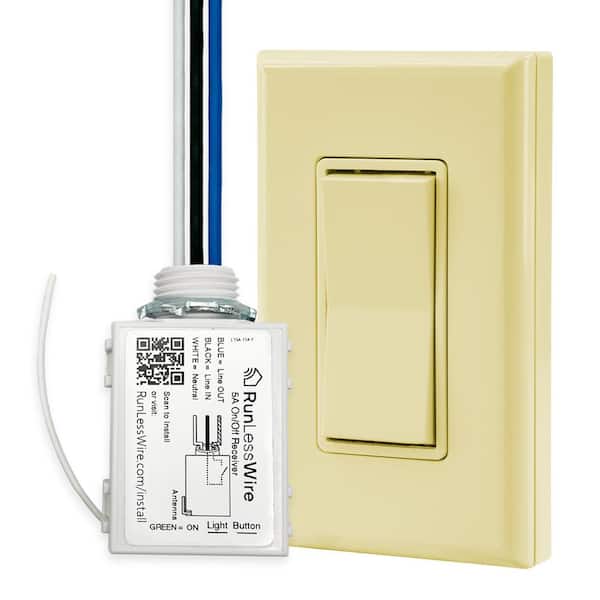 Battery-Free Wireless Light Switch Kit, Single Pole: 1 Remote Switch Controls 1 On/Off 5amp Receiver - Ivory