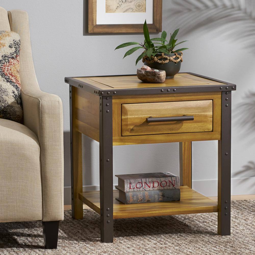 Luna Natural Stained Brown Acacia Wood End Table with Metal Frame