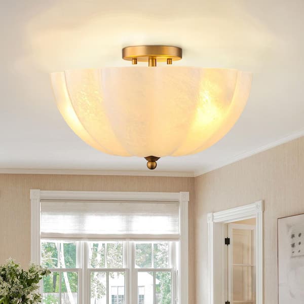15.94 in. 3-Light Brass and White Bowl Semi-Flush Mount Ceiling Light with Glass Shade