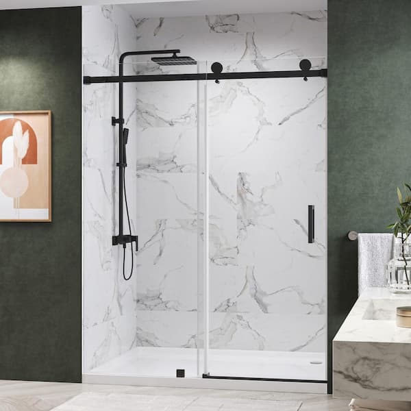 Kobiworks Serenity 48 in. W x 76 in. H Single Sliding Frameless Shower Door in Matte Black with 3/8 in. Clear Glass