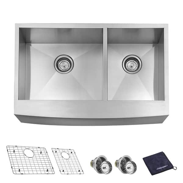 JASSFERRY 16-Gauge Stainless Steel 33 in. Double Bowl Zero Radius Farmhouse Apron Kitchen Sink with Bottom Grid