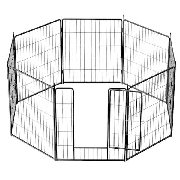 32 in. 8 Panels Black Metal Heavy Duty Portable Garden Fence Pet Fence with Door