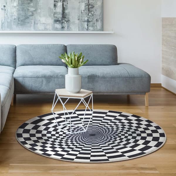Apollo 3D Portal Modern Geometric Black Ivory 6 ft. 7 in. Round Area Rug