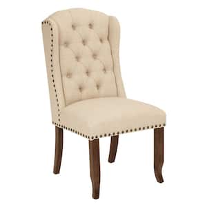 Jessica Linen Fabric Tufted Wing Chair with Bronze Nail-Heads and Coffee Legs