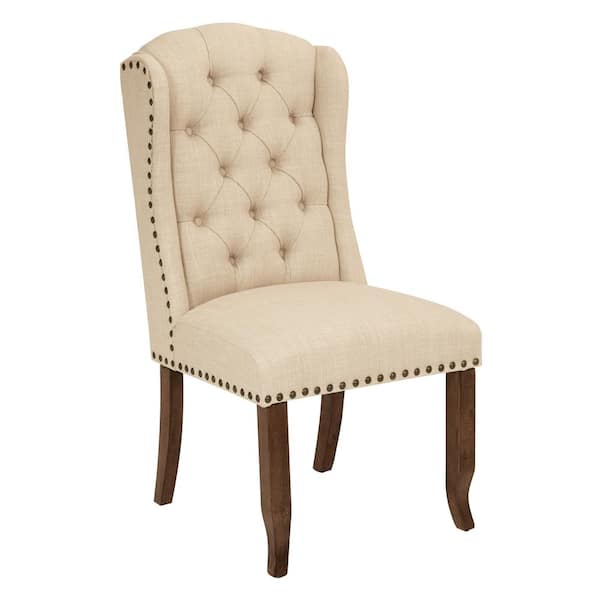 OSP Home Furnishings Jessica Linen Polyester Fabric Tufted Wing Chair with Bronze Nail-Heads and Coffee Legs