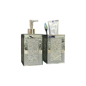 Ambrose Exquisite 2-Piece Square Silver Soap Dispenser and Toothbrush Holder Bath Accessory Set