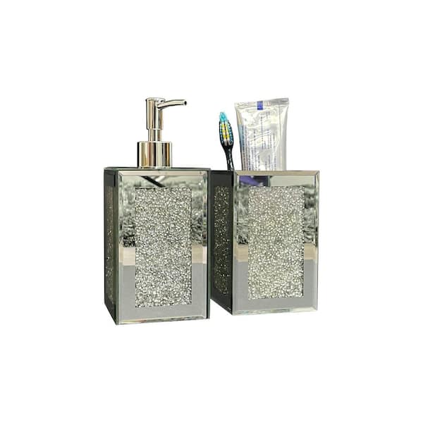 Amazing Rugs Ambrose Exquisite 2-Piece Square Silver Soap Dispenser and Toothbrush Holder Bath Accessory Set