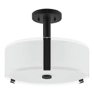 Bourland 14 in. 3-Light Black Semi-Flush Mount Ceiling Light Fixture with White and Clear Glass Double Shade