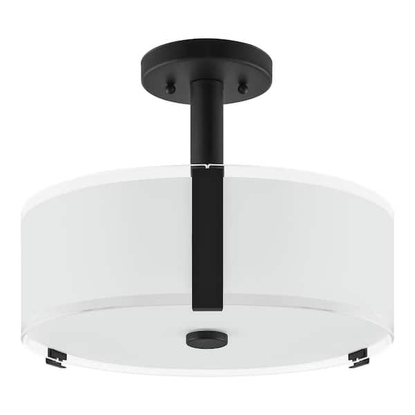 Bourland 14 in. 3-Light Black Semi-Flush Mount Ceiling Light Fixture with White and Clear Glass Double Shade