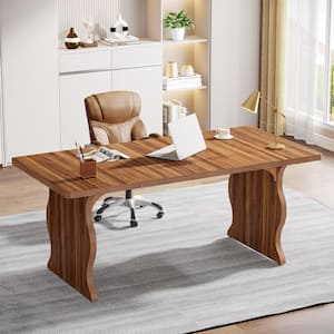 Halseey 63 in. Rectangular Walnut-color Wood Large Computer Desk, Modern Executive Desk Writing Table Home Office Desk